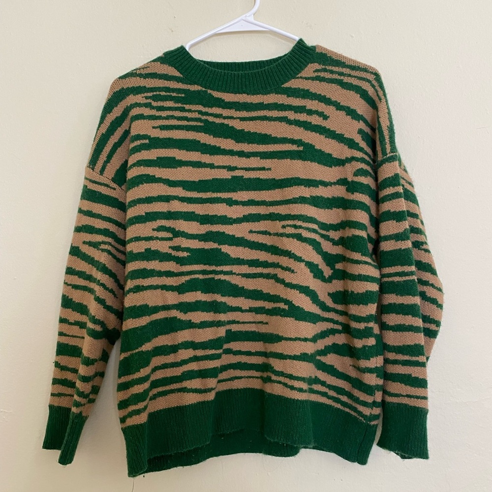 Green and Tan/Brown Zebra Striped Sweater